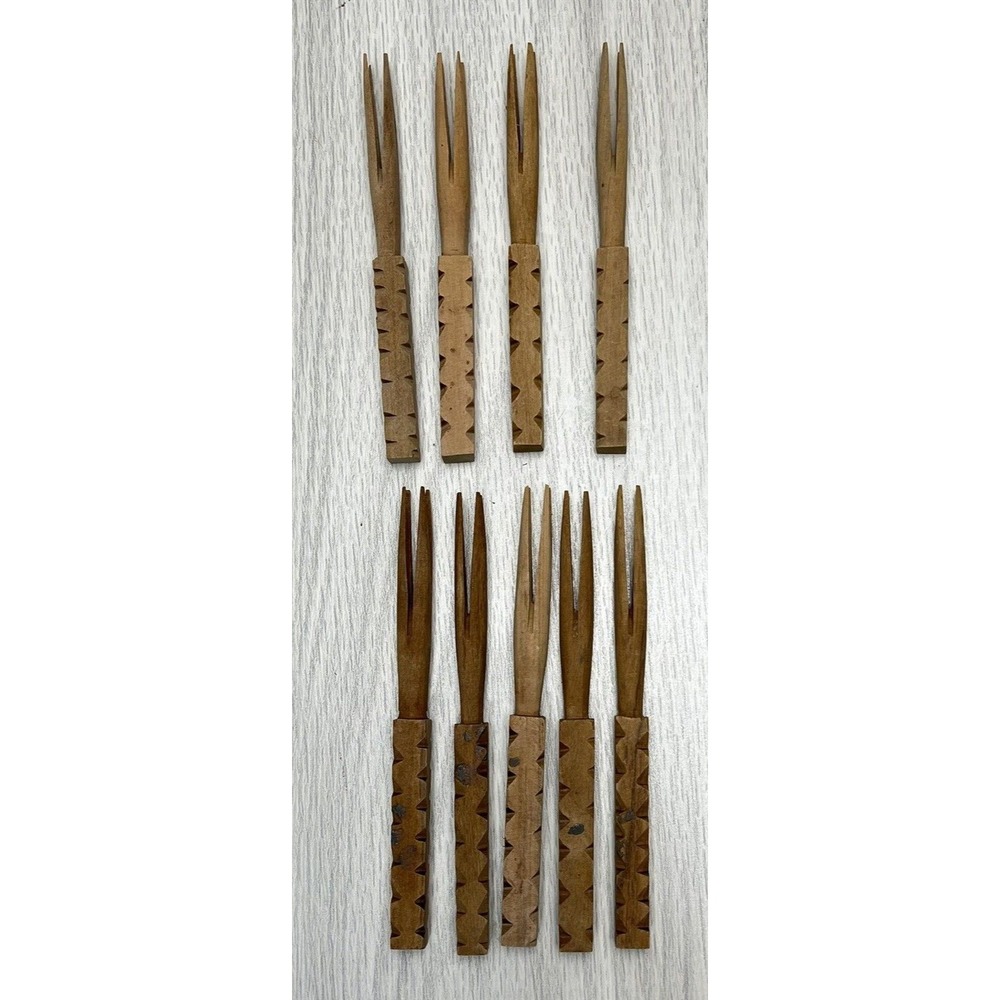 Vintage Mini Wooden Cannibal Forks Collectible Hors D Oeuvre Party Lot Of 9